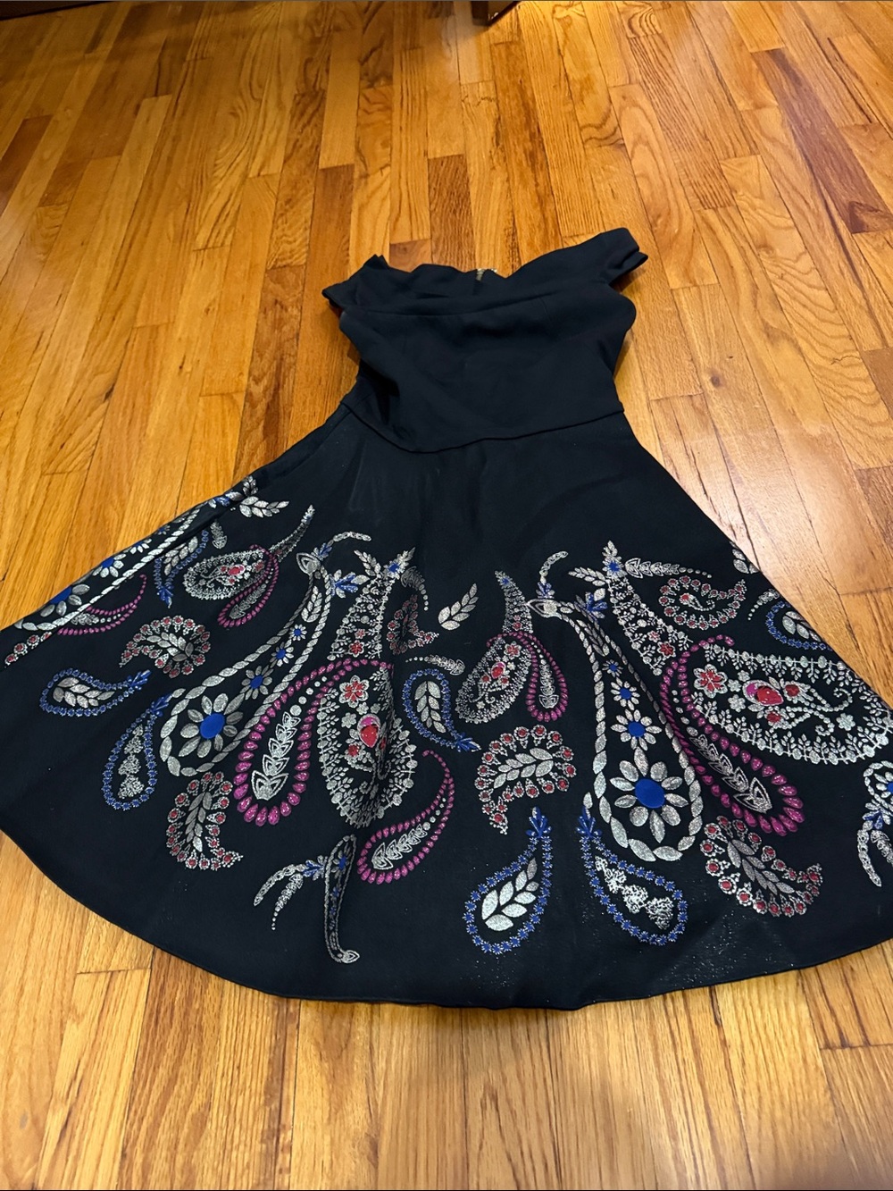 Black Fit-and-Flare Dress with Multicolor Paisley Embroidery with pockets!